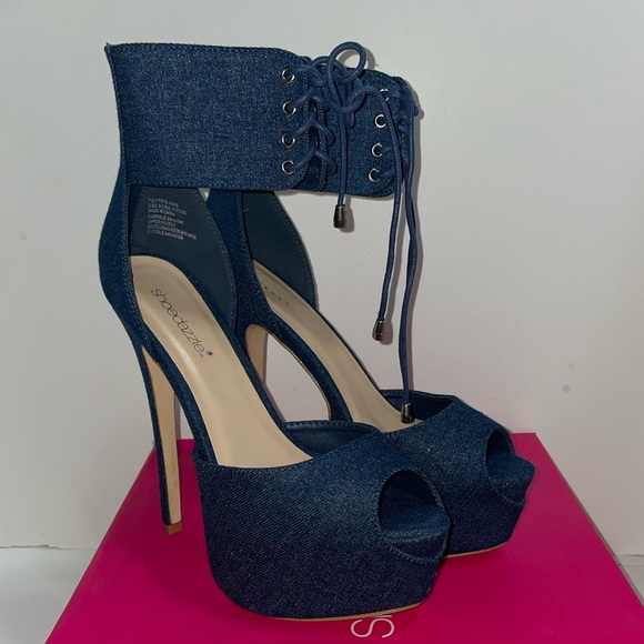 Shoe dazzle NIB Pepper-Ann Platform Stiletto dark blue denim pumps heels 8.5 - Picture 2 of 4